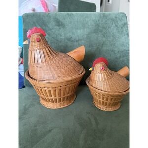Vintage Farmhouse Country Nesting‎ Wicker Chicken Rooster Baskets with Lids